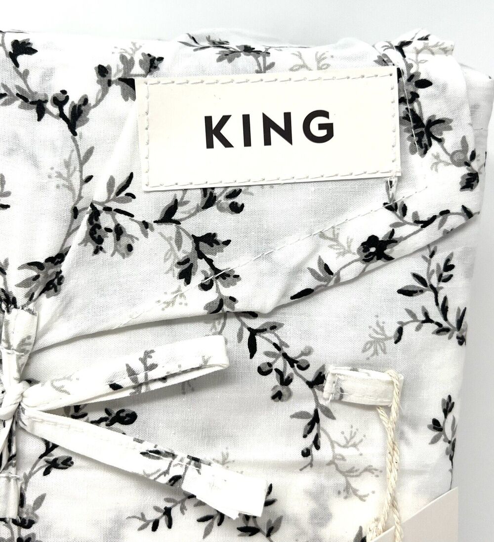 Laura Ashley Percale Cotton KING Sheet Set BLACK White SARAHS SPRIG 4 Pcs. NWT
